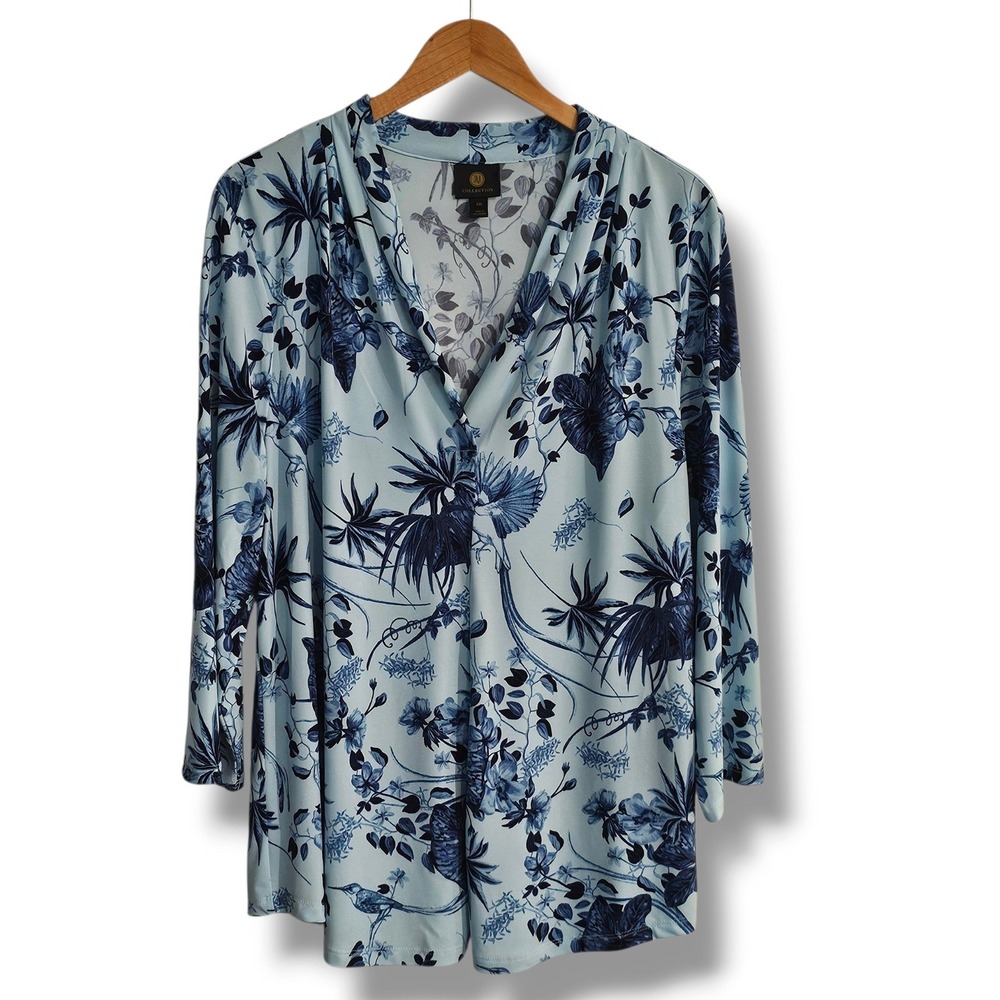 JM Collection Top XXL Womens Blue Floral Leaf Bird Print V-Neck Stretch Office